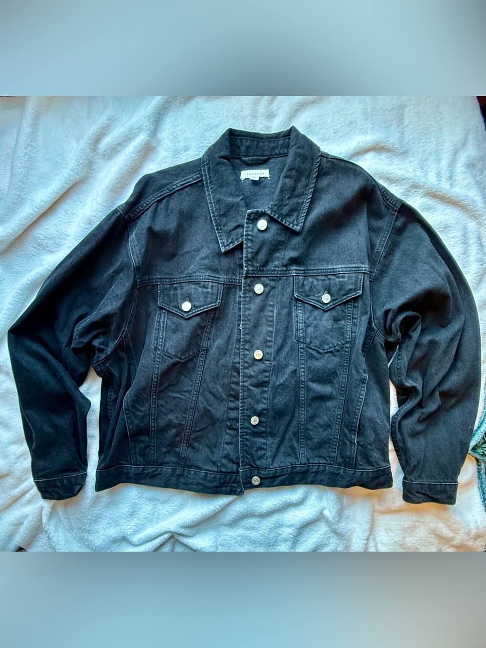 Topshop Oversized Black Denim Jacket Trucker Washed Boxy US 8